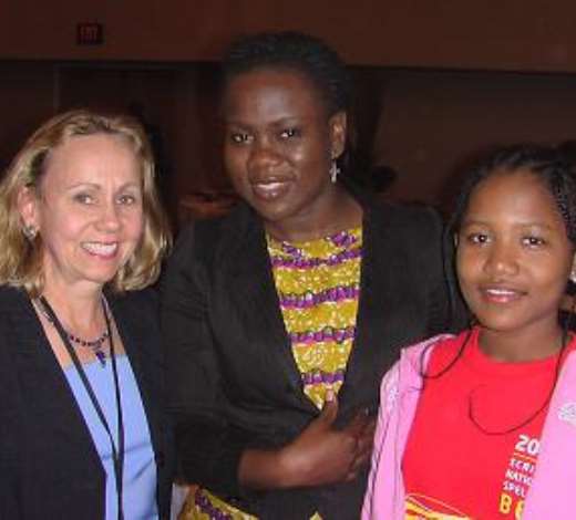 Ghana Country Manager of Spelling Bee, Eugenia Appiah sandwiched by Isabel and an official from the Scripps national spelling bee headquarters